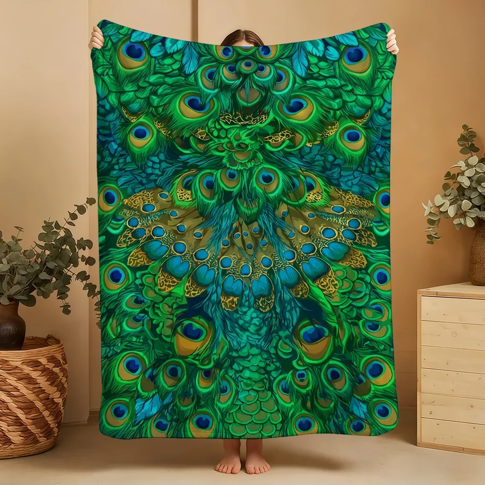 Vibrant Peacock Feather Print Throw Blanket Cozy Decorative Living Room Couch Accent Textile 150x230cm