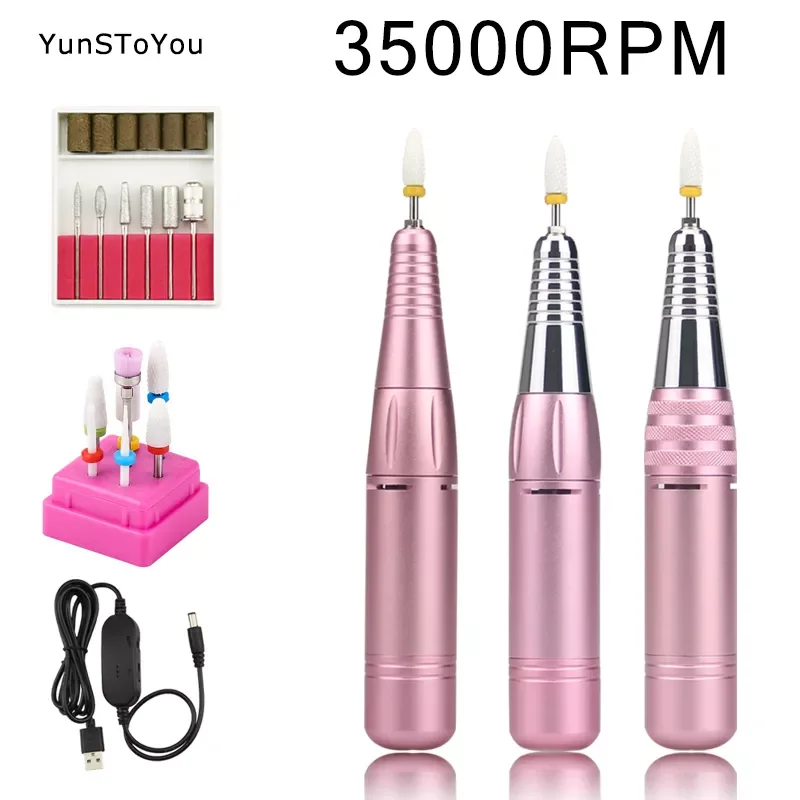 Electric Nail Drill Machine, USB Portable Nail Drill Pen, Gel Polish Milling Files, Bit Tool Set, 35000 RPM