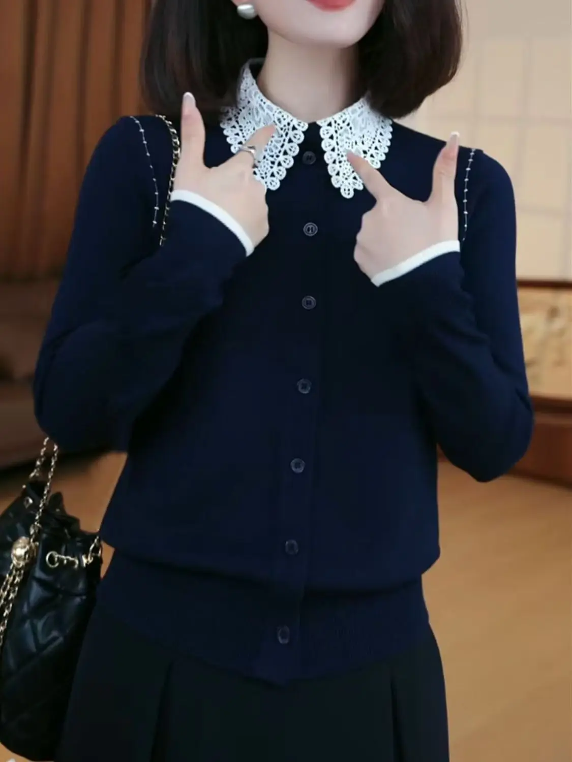 

Lapel fake two-piece knitted cardigan women's long-sleeved navy blue versatile thin sweater contrasting top temperament jacket