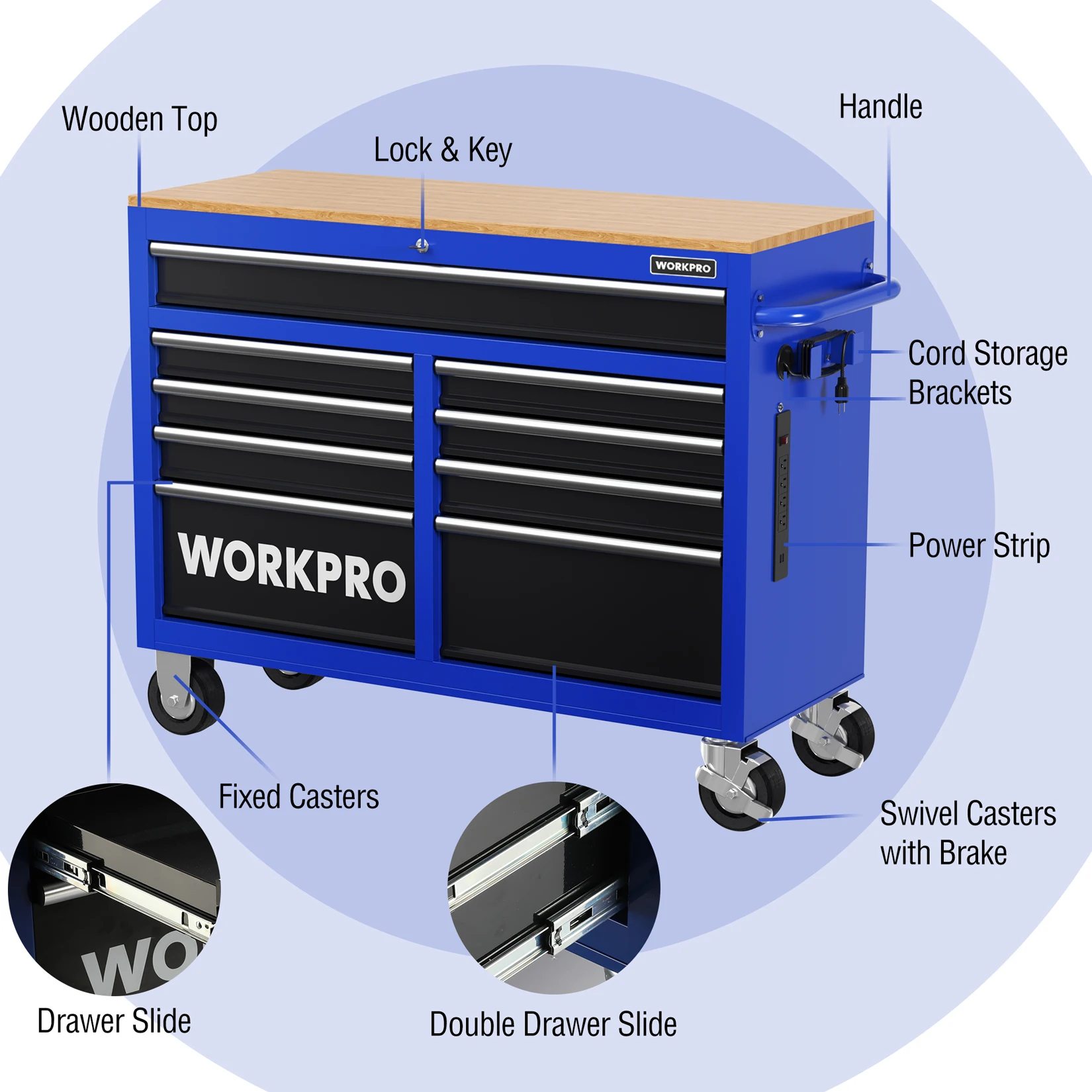 Workpro 46 Inch 9 Lade Rollende Gereedschaps Opbergkast Verwijderbare Gereedschapsopbergkast Verdikte Dragende Gereedschapkast