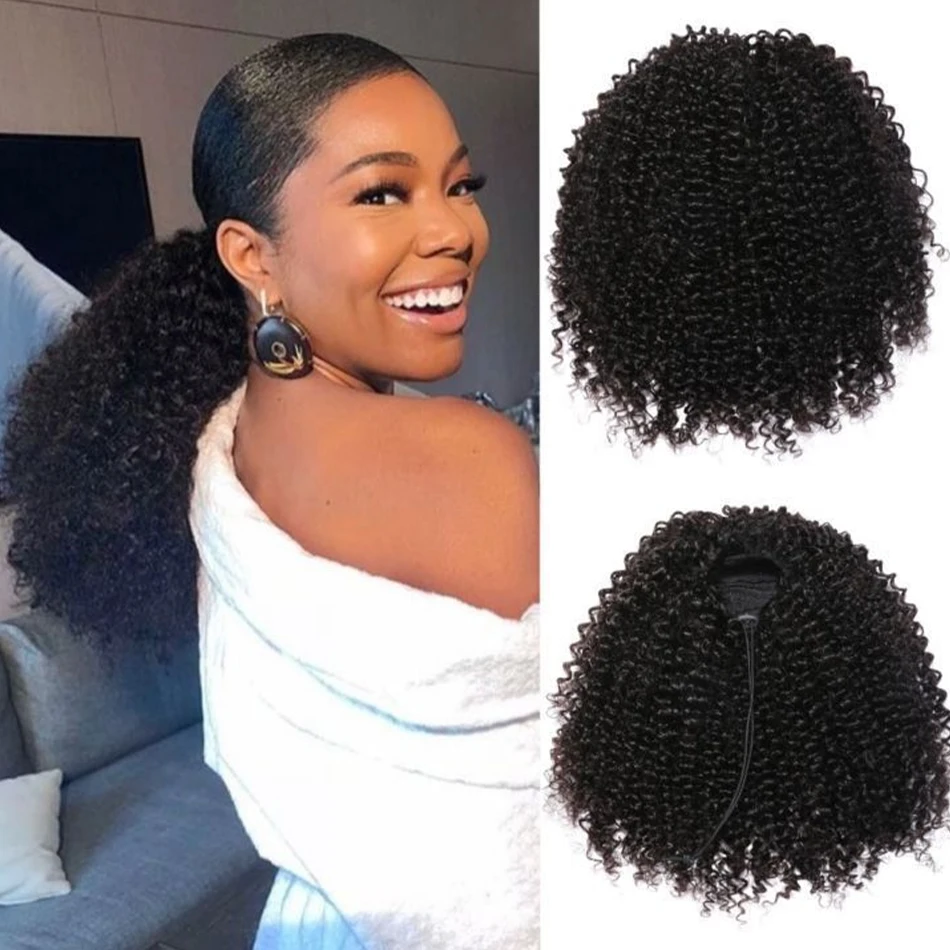 Mongolian Human Hair Ponytail Afro Kinky Curly For Women Natural Color Remy Hair 1 Piece Clip In Drawstring 4B 4C Ponytails