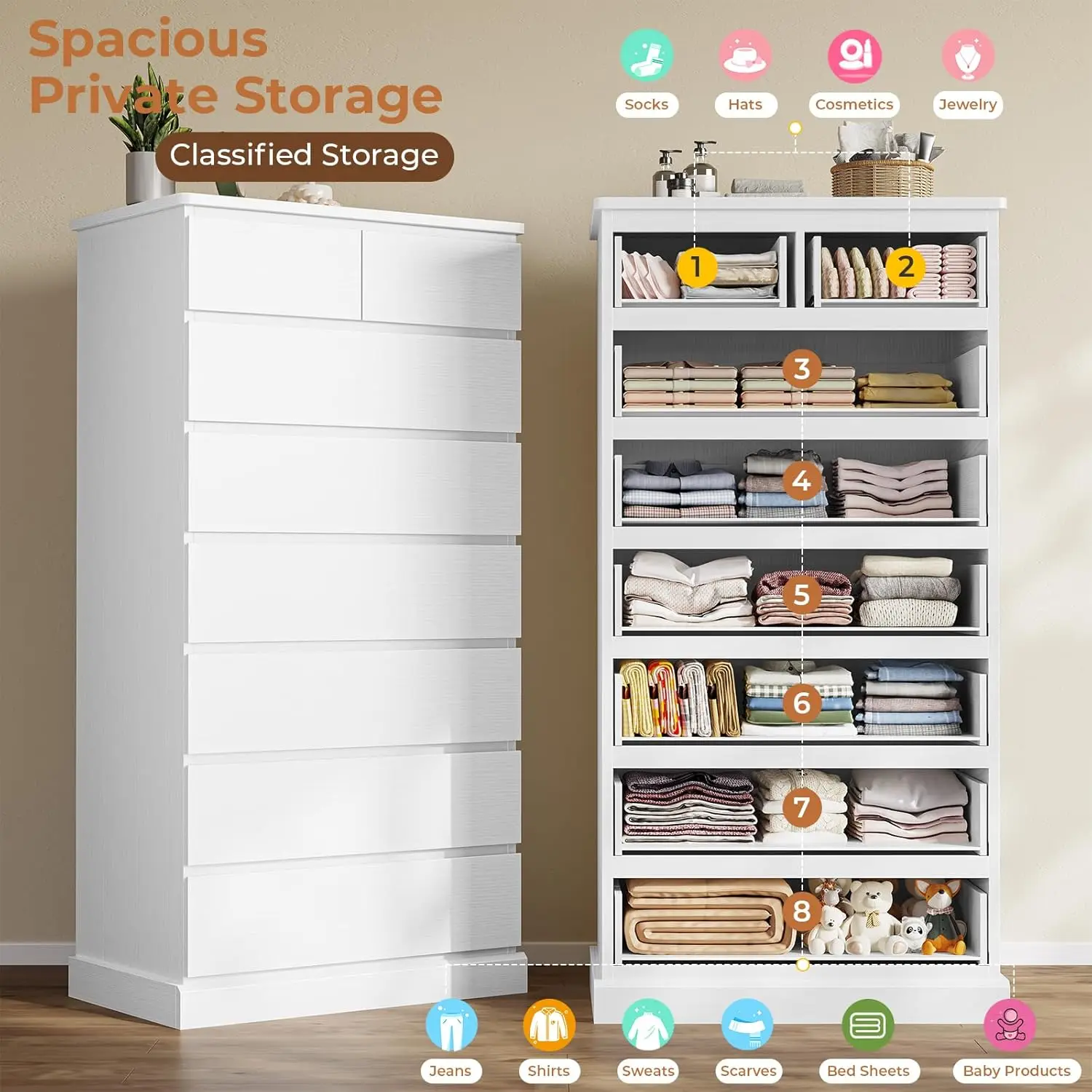 White Tall 8-Drawer Bedroom Dresser 59.6" Modern Wood Closet Organizer Storage Cabinet Large Vertical Hallway, Customized image 4