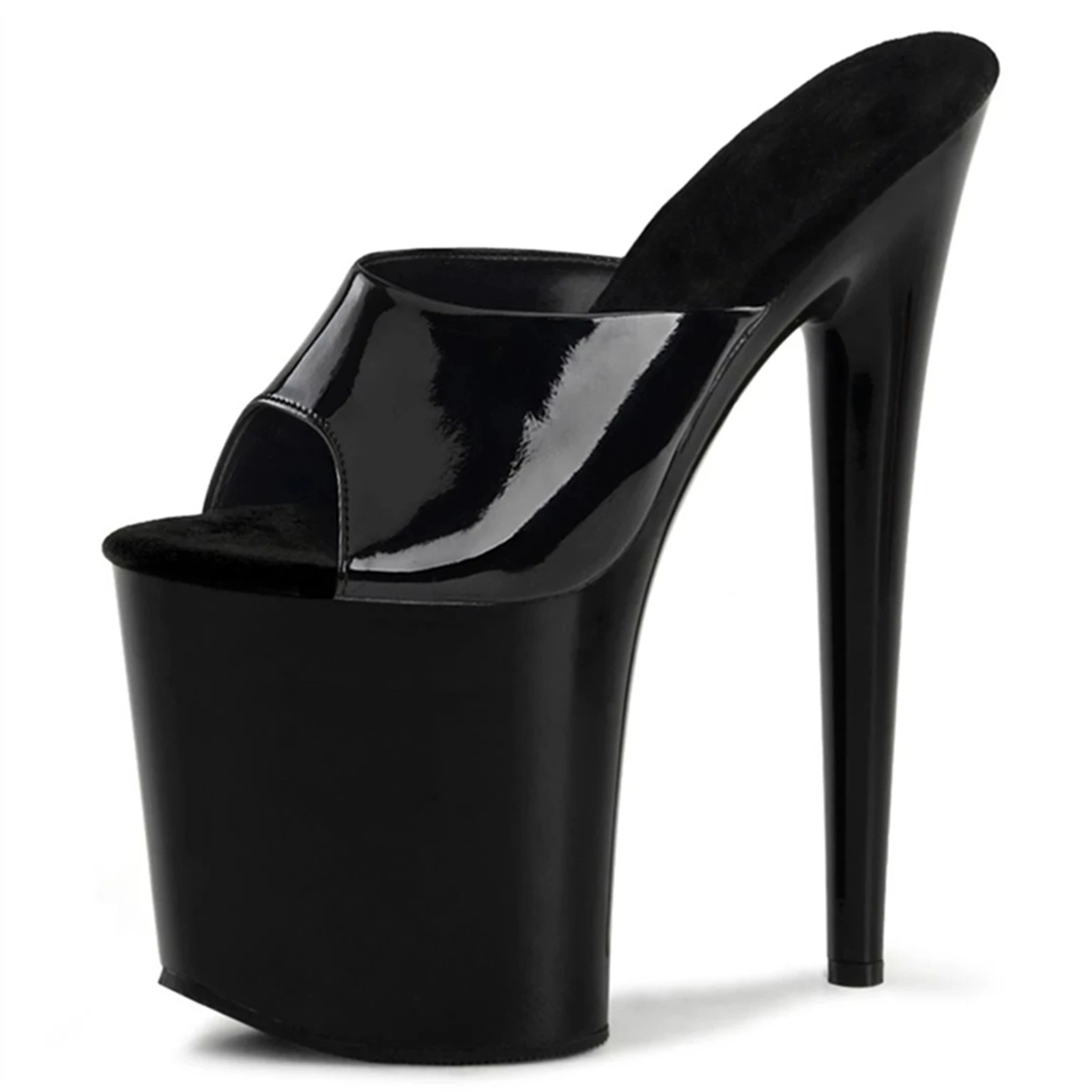 

20CM Extreme Heel Slide Sandals Black, Patent Leather Peep-Toe Platform Mules with Chunky Sole, Crossover Motorcycle Styl