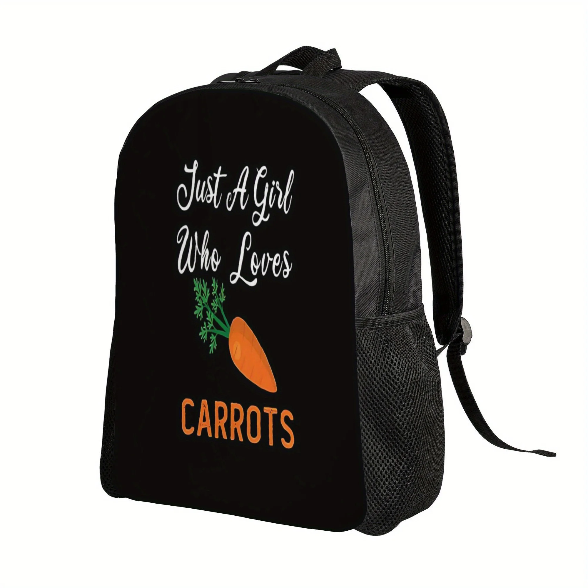 

Just a Girl Who Loves Carrots Backpack - Adjustable Straps, Black with Colorful Carrot Graphic, Perfect for Travel & Weekends, Ideal for Carrot Lovers, Casual Outing Bag | Playful Design | Durable Fabric Bag