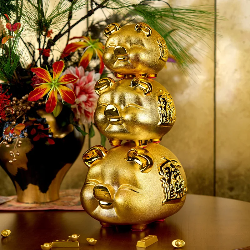 Image of Goldenes Keramik-Schwein-Sparschwein, Heimdekoration, Maskottchen, Kunsthandwerk, Ornament, Geschenk, Keramik-Sparschwein für die Heimdekoration