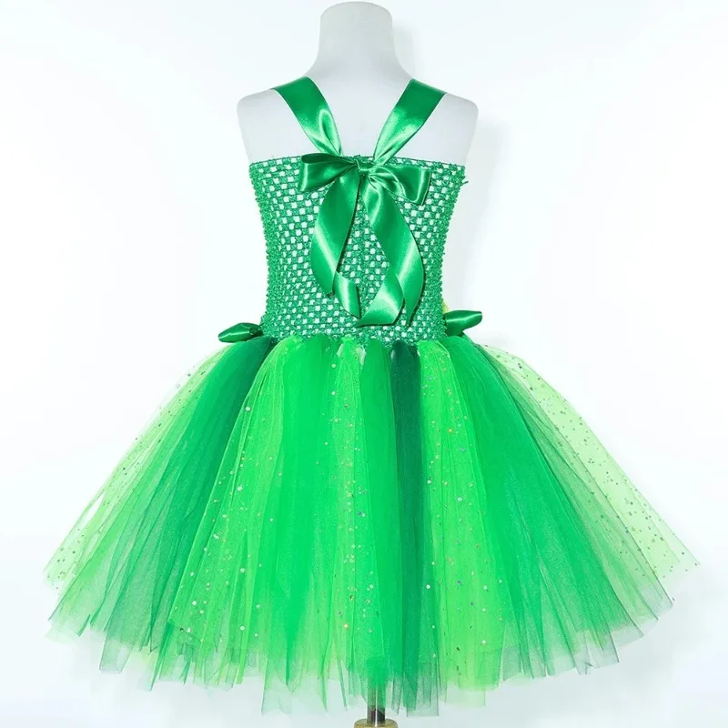 Green Forest Tulle Tutu Dress Matching Wing Accessory Floral Mesh Princess Gown Birthday Performance Stage Carnival Photo Outfit