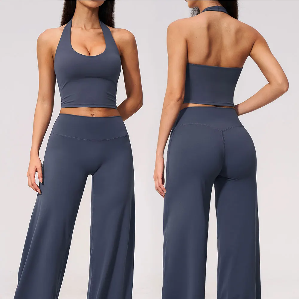 2PCS Yoga Set Halter Crop Tank Scrunch Butt Pants Shorts Fitness Suit Gym Clothing Training Athletic Wear Women Seamless Ribbed