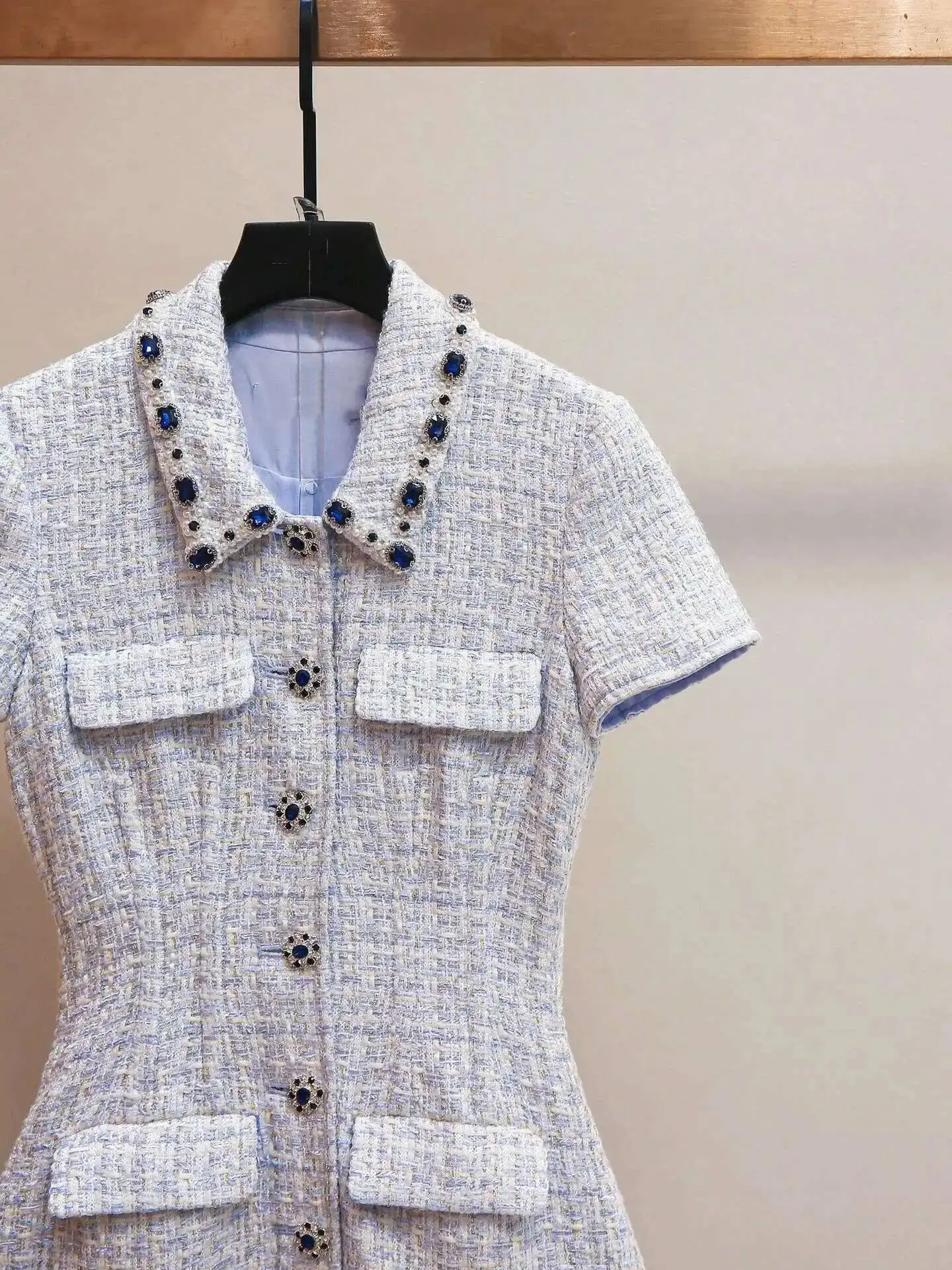 Sommer Herbst Kristall Tweed Kurzes Kleid Hemd Frauen Ärmellose Perlen Diamanten Einreiher Abend Party Kleider Dame