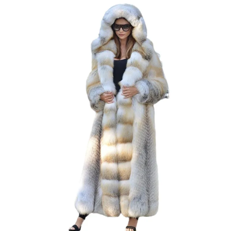 

Windproof Desiged Winter Women Mink Fur Jacket Gradient Plaid Fur Trim Hood Lady Faux Fur Coat Floor Length Female Eco Fur Coat