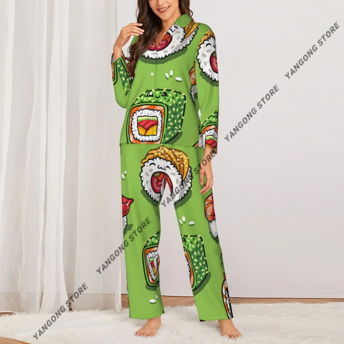Women's Pajamas Long-sleeved Girl Loungewear Two-piece Set Sushi And Sashimi Pattern Pajamas for Autumn Spring