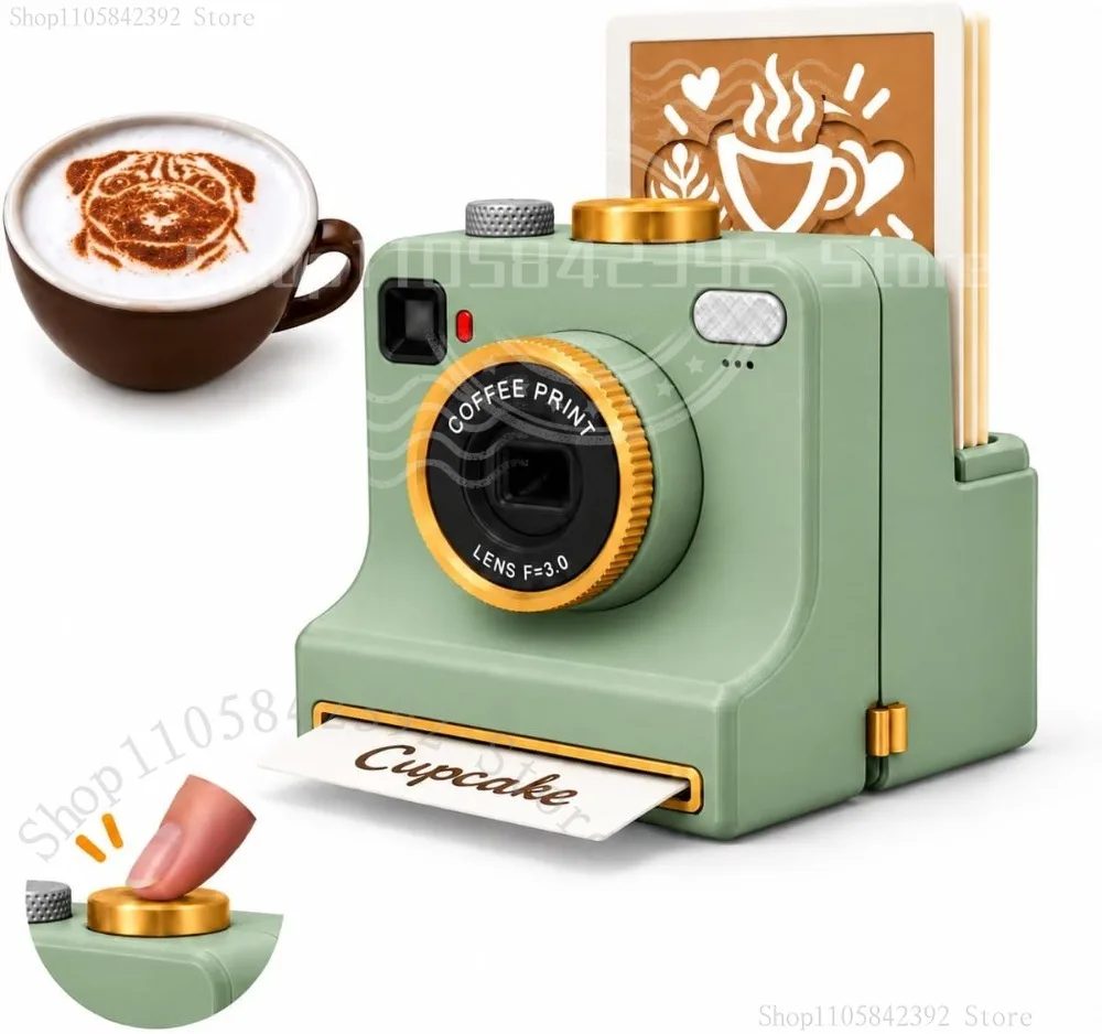 2026 3D Printed Latte Art Camera, Manual Coffee Printer with 4 Coffee Stencils and 2 Mesh Filters, Mechanical Powder Art Maker