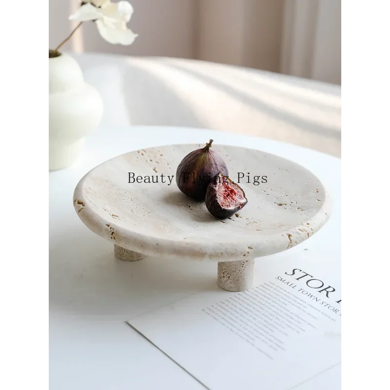 Wabi Sabi Marble Reception Tray Decorative Fruit Bowl Table Decor Vintage Travertine Stone Jewelry Perfume Plate with Three-legs