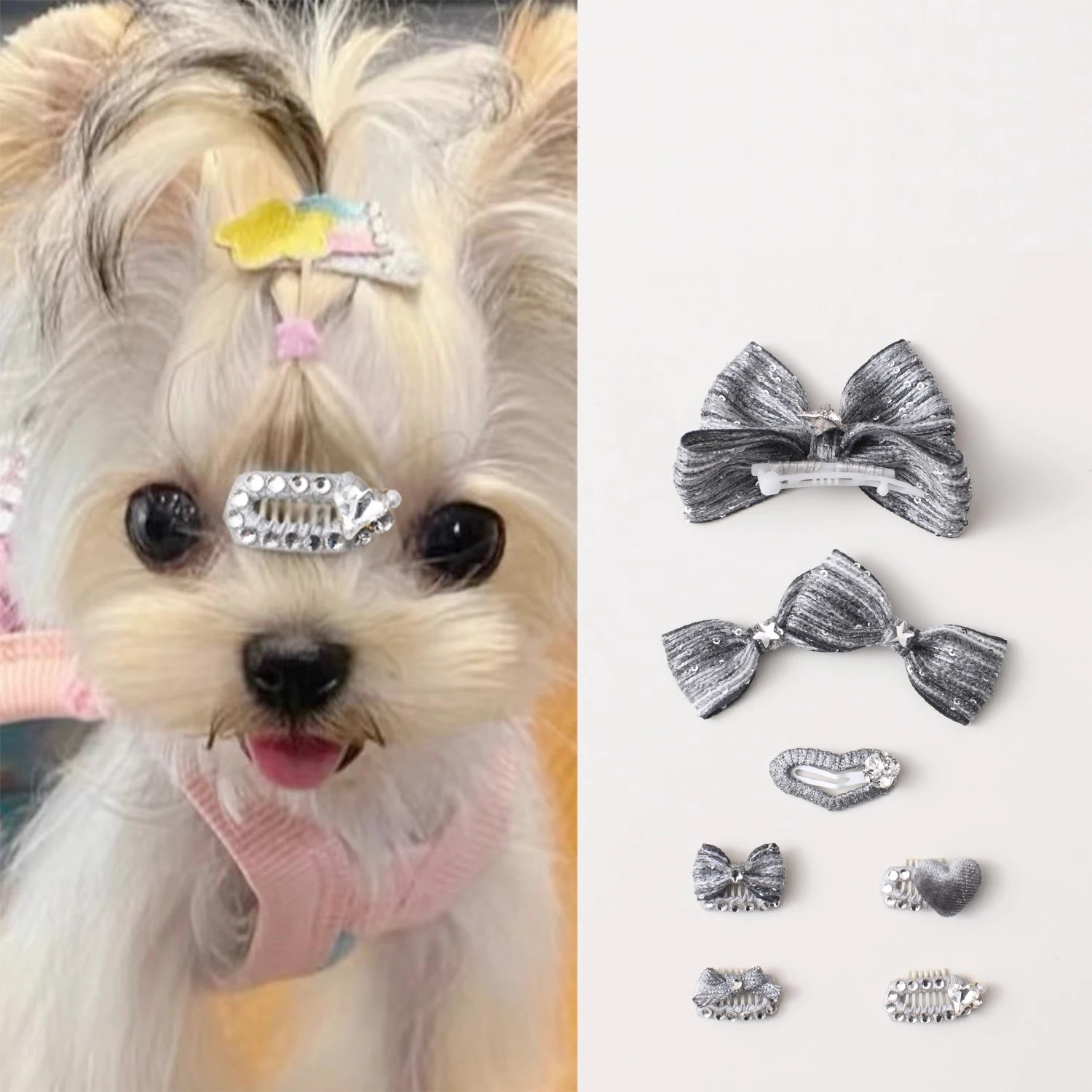 

Korean Black Gray Puppy BB Clips Fashion Cute Crystal Heart Bow Headwear Haripins For Small Pet Dog Jewelry Accessories Poodle