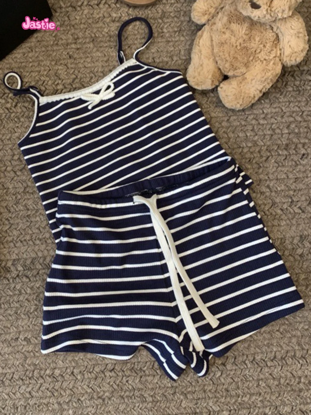 

Stripe Bow Tank Camis + Drawstring Shorts Two Piece For Women Stripe Summer Vest Top Shorts Sets Y2K Tight Homewear Female Suit