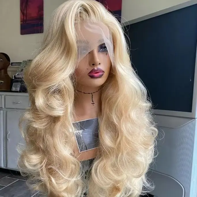 

Highlight Light Blonde Wig Long Body Wavy Synthetic Lace Front Wigs For Women 13x4 HD Transparents Lace Wigs On Clearance Sale