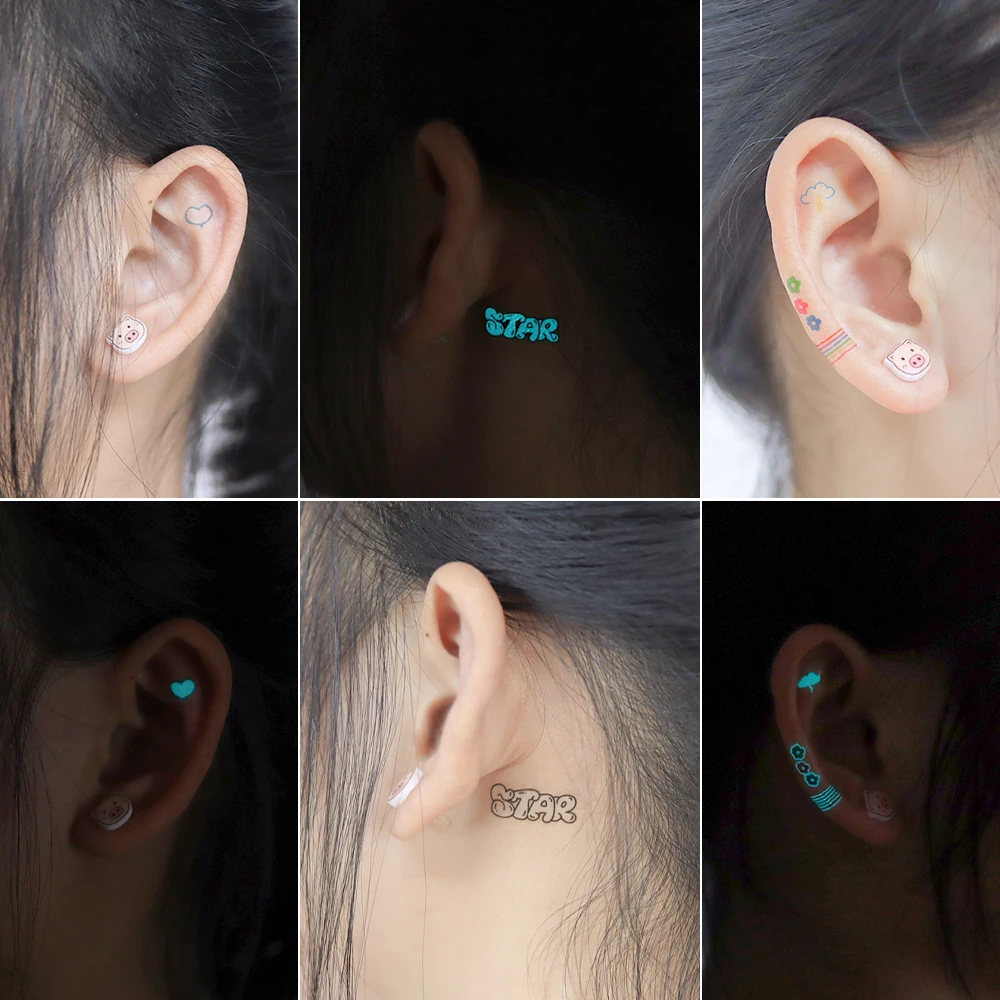 Blue Luminous Glow Tattoo Sticker Cute Geometry Waterproof Temporary Tatoo Small Finger Wrist Fake Tatto For Body Art Women Men