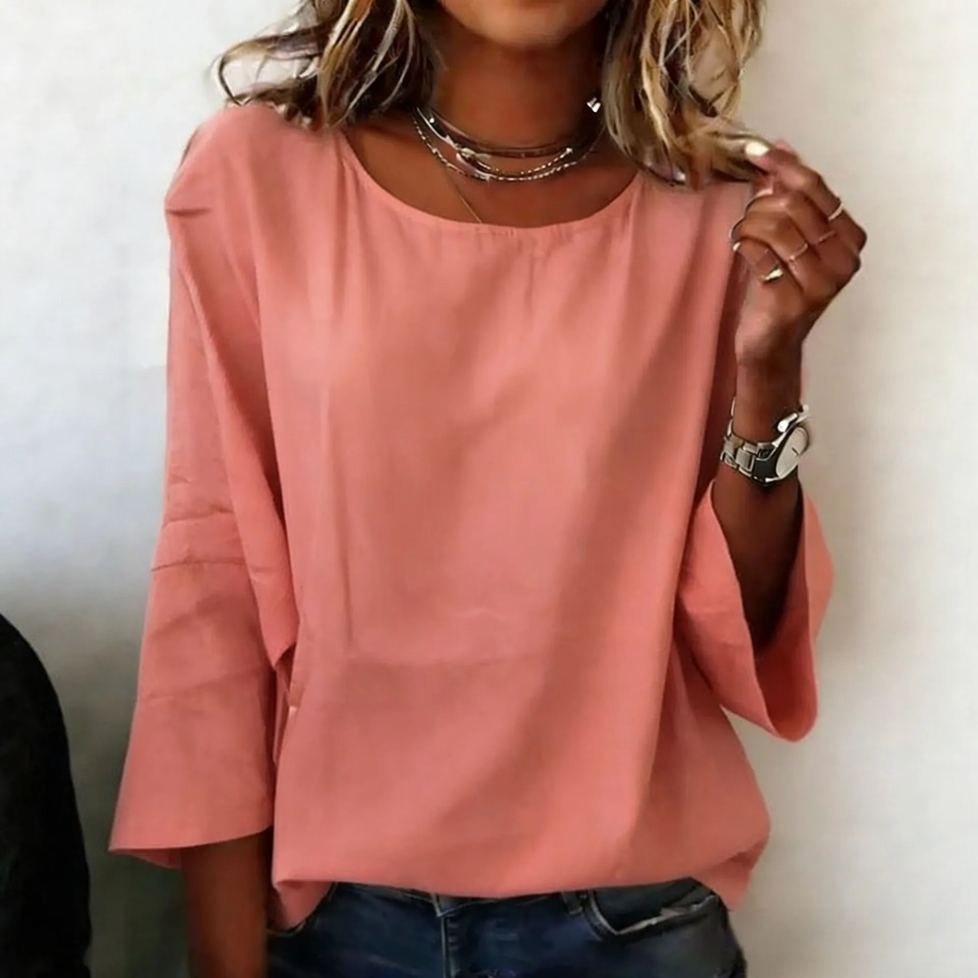 

Women Summer Tops Round Neck Long Sleeve Loose Fit Casual Blouse Breathable Soft Spring Pullover Tops Daily Leisure Wear