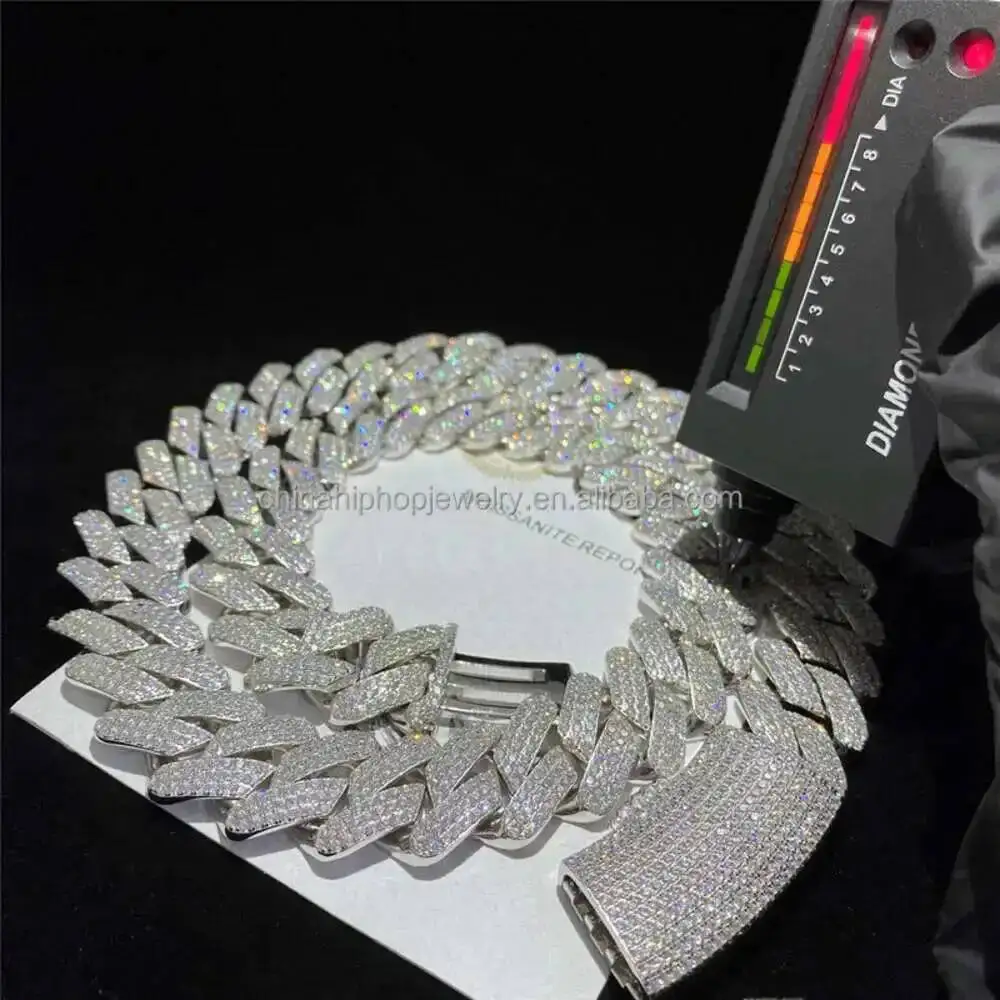 

Тестер алмазов на заказ, хип-хоп, Vvs, муассанит, кубинское звено, 18 мм, Iced Out, 3 ряда, муассани, камень Майами, кубинская цепочка, ожерелье