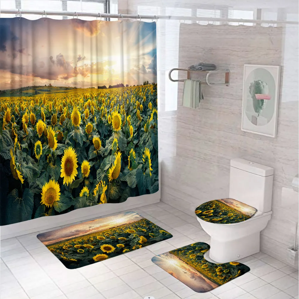 4Pcs Flowers Sunflower Shower Curtain Sets Modern Country Scenery Bathroom Curtains Non-Slip Bath Mat Pedestal Rug Toilet Covers