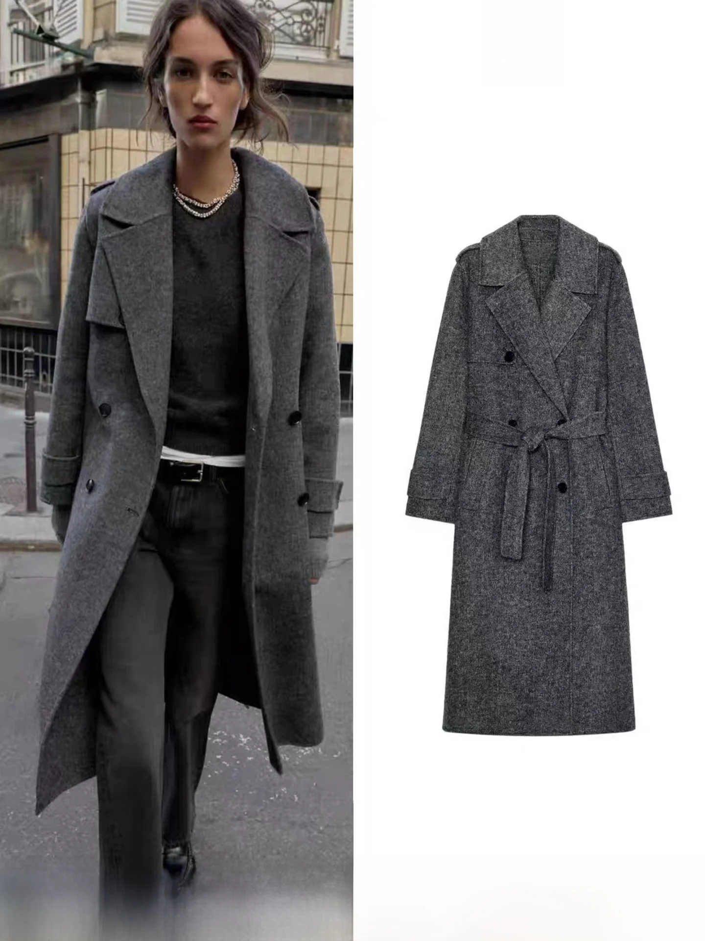 

Winter New Women's Mid-Length Wool Blend Coat with Belt Street Style Loose Fit Long Sleeve Double-Breasted No Hat Pure Color
