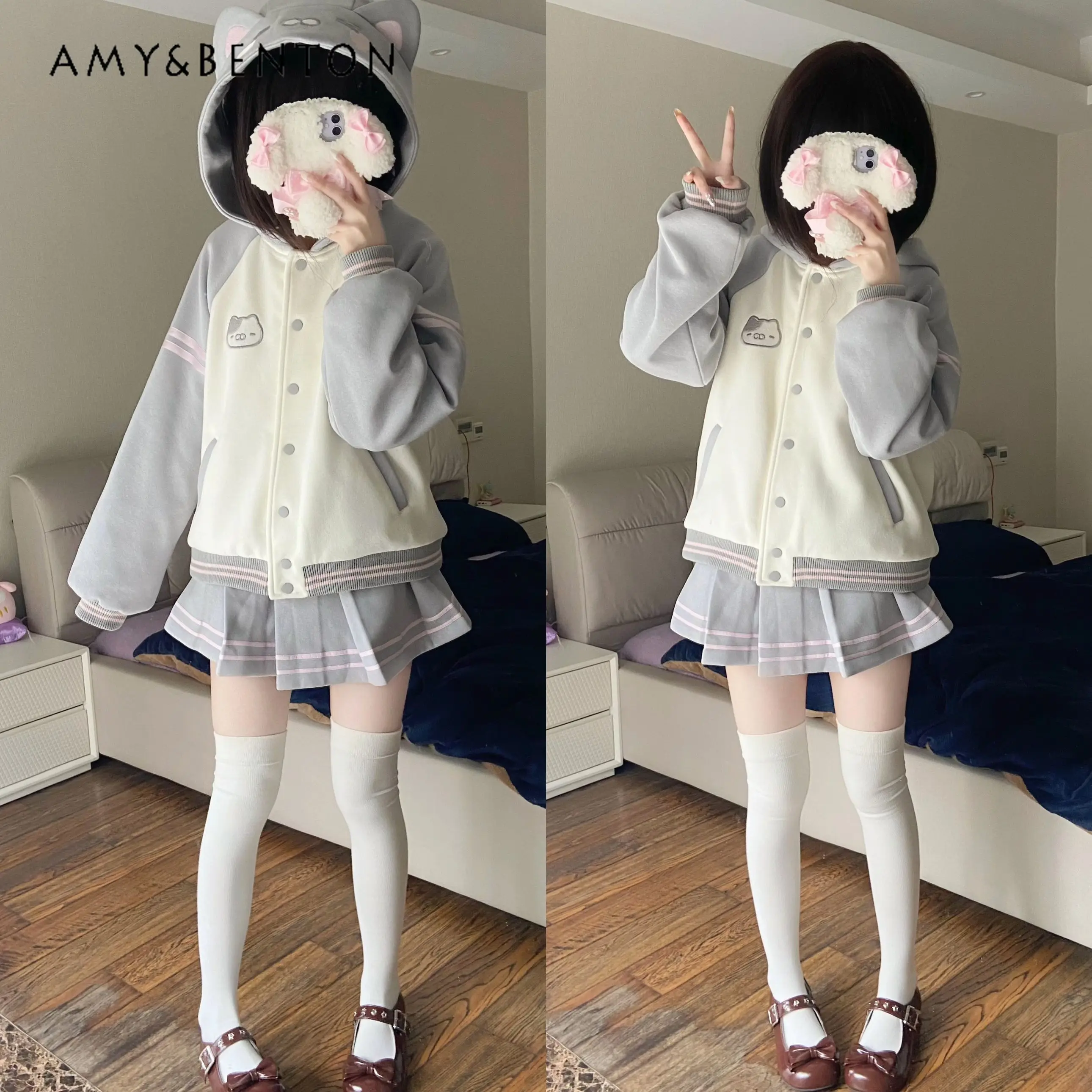 

Spring Summer Japanese Pink Gray Hooded Baseball Jacket & Pleated Skirt JK Uniform Set Preppy School Outfit for Teen Girls