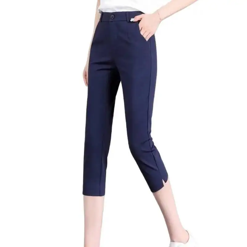 Korean Fashion Women's Capris Summer Slim Fit Short Pants Thin Professional Side Slit Calf-Length Pants Casual Office Lady Pants