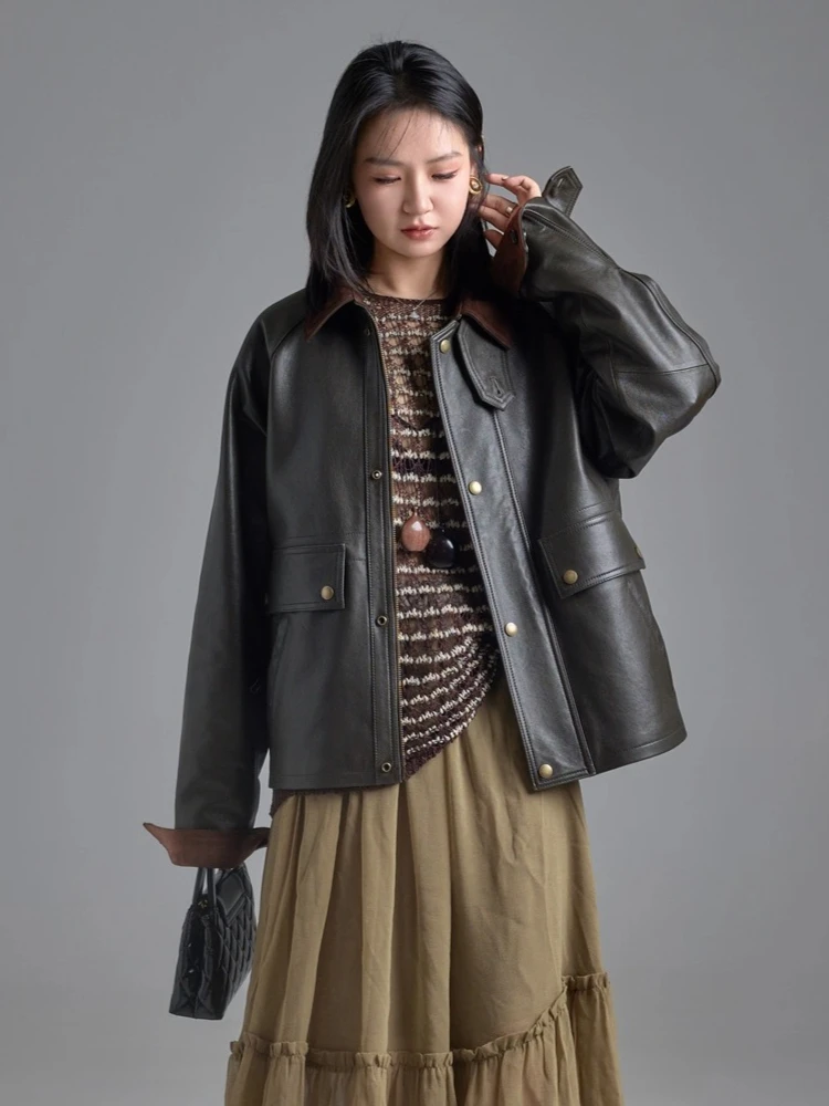 Giacche cargo in vera pelle vintage anni '90 per donna Autunno Inverno 2025 Nuovo cappotto di alta qualità semplice allentato morbido corto in vera pelle di pecora