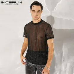 INCERUN Tops 2024 American Style Handsome Mens Striped Thin Perspective T-shirts Casual Party Shows Short Sleeved Camiseta S-5XL