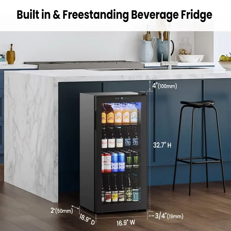 

3.36 Cu Ft 102 Can Beverage Refrigerator Glass Door Mini Fridge for Drinks Soda Beer Wine Home Office Bar Adjustable Shelves