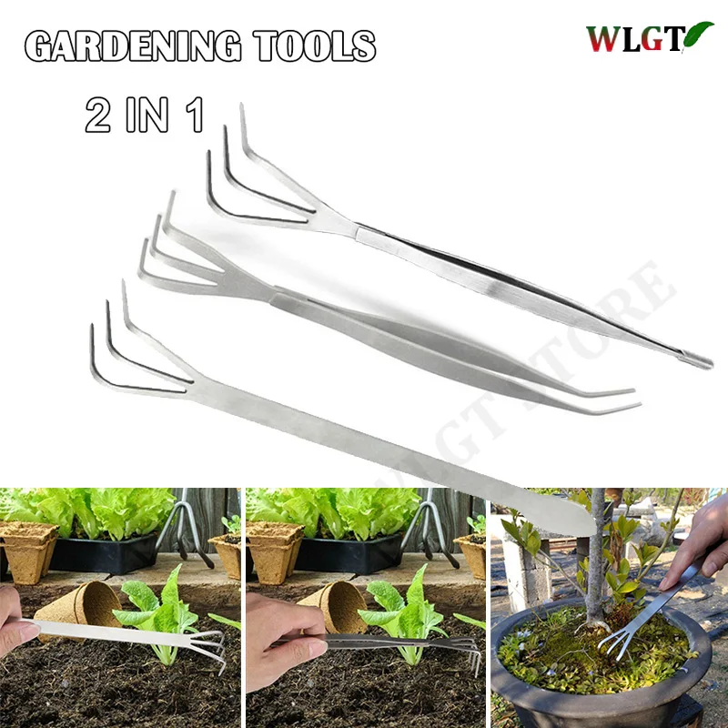 

Stainless Steel 2 in 1 Bonsai Change Pot Plant Root Rake Tweezers Gardening Spatula Loosen Soil Multifunctional Garden Tool