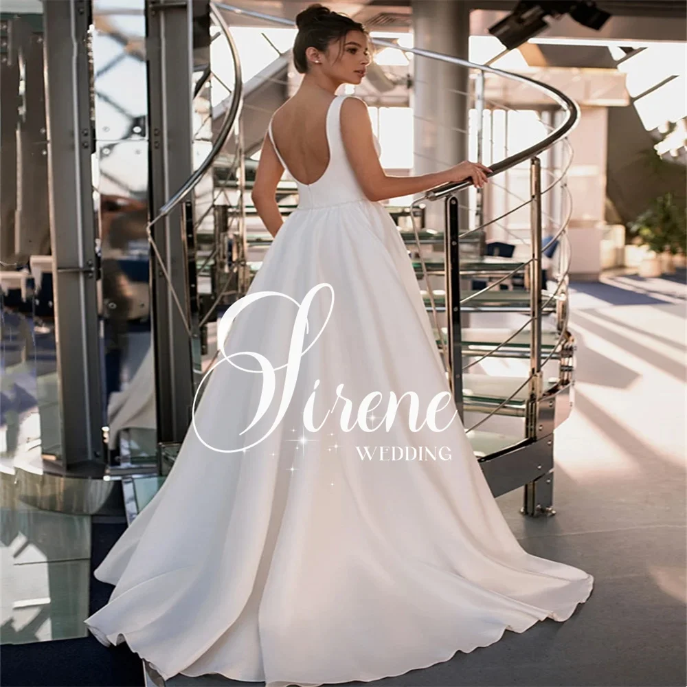 فساتين زفاف بسيطة على شكل حرف a من Sirene من الساتان بياقة مربعة فساتين العروس بطول الأرض بدون أكمام رداء بدون ظهر للحفلات الراقصة حسب الطلب