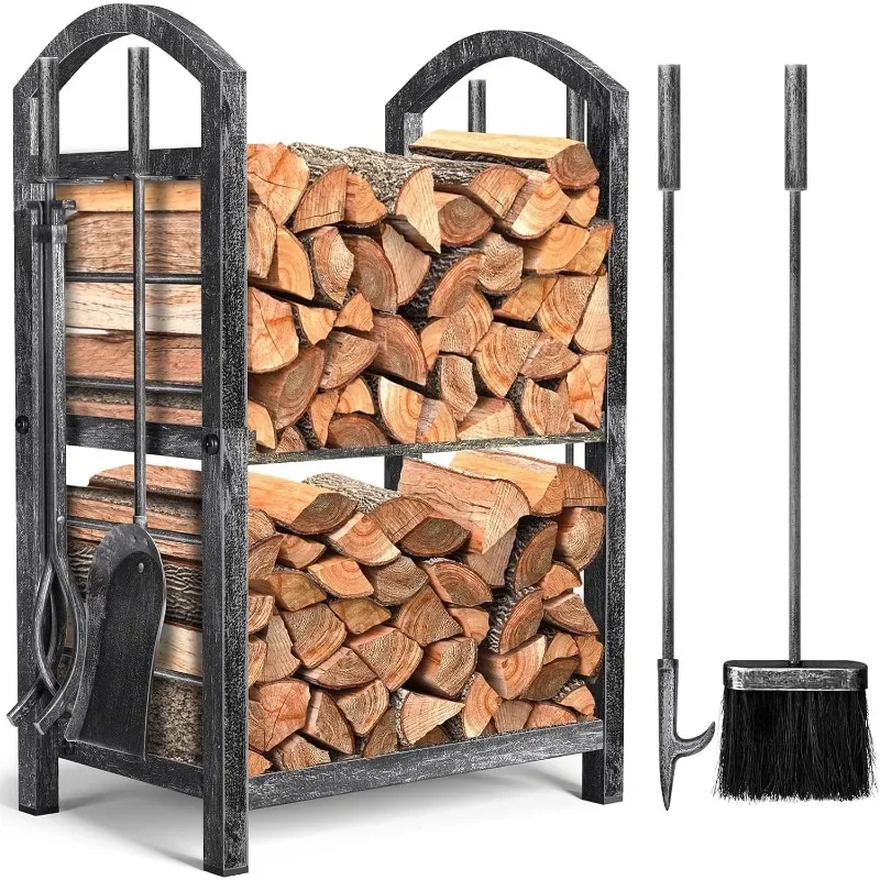 Firewood Rack with Tools 5-Piece Indoor Fireplace Wood Holders Outdoor Log Holder Rack Lumber Storage Stacking Stove Wrought