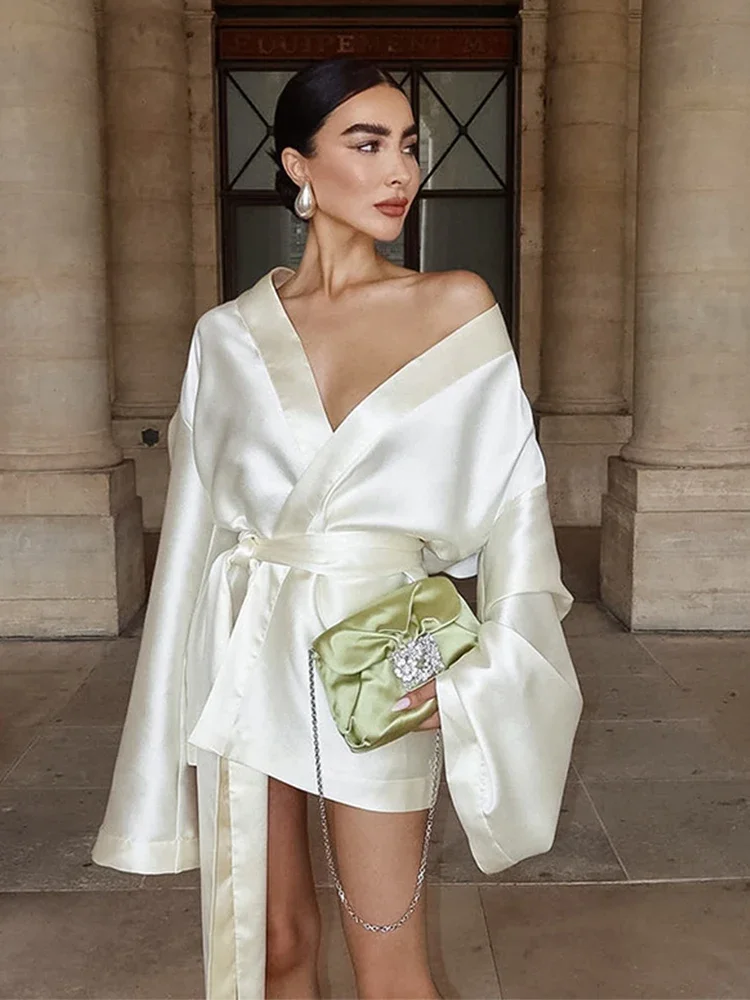 Vestido de manga comprida com cadarço, primavera, sexy, solto, moda, cor sólida, festa, noite, cetim, minimalismo, elegante, mulher, vestido curto