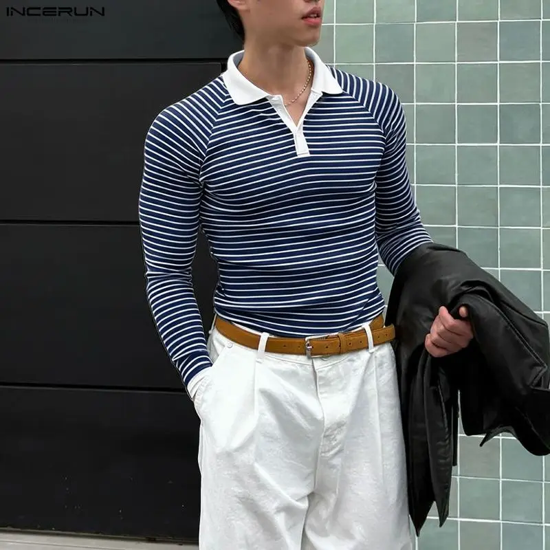 

Мужская полосатая рубашка с лацканами и длинным рукавом, свободная модная повседневная мужская одежда, уличная одежда, мужские топы для отдыха, 2026, весенние рубашки INCERUN