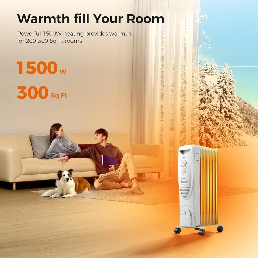 Adjustable Thermostat Electric Heater 1500W Oil Filled Radiator Heater Overheat & Tip-Over Protection Heating Warmer Home