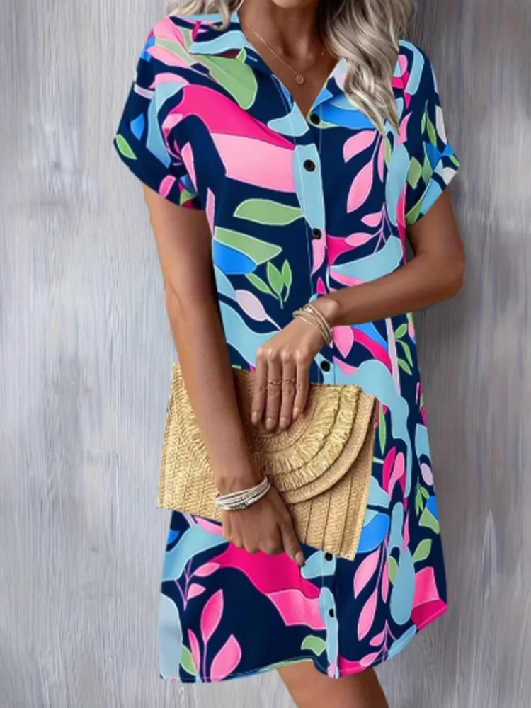 

Button Lapel Short Sleeved Geometric Print Women's Dress Dating Vacation Elegant Commuting Style Summer Dresses