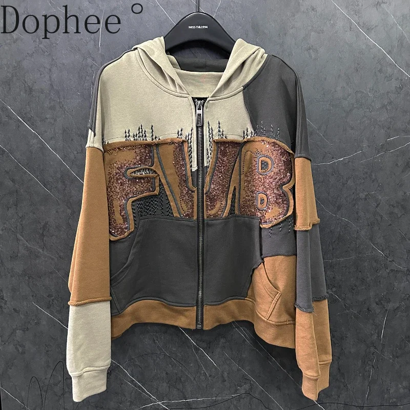 2025 New Spring Color Block Hooded Jacket Embroidery Sequins Loose Zip Cardigans Coat High Quality Long Sleeve Casual Sweatshirt