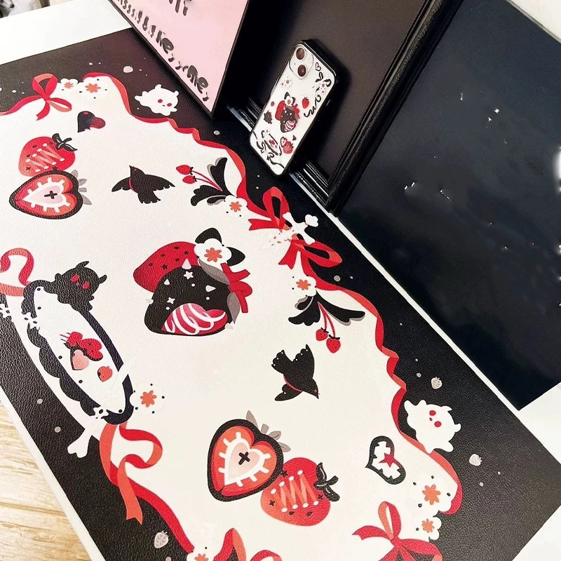 Leather PU Desk Pad Protector New Dark Style Candle Strawberry Y2k Mouse Pad Office DeskMat Waterproof Non-Slip Desk Blotter Pad