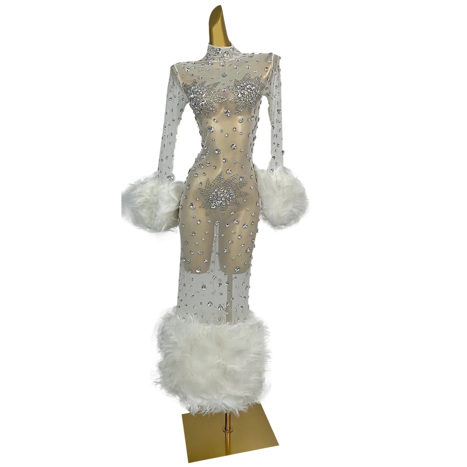 Luksusowa Sukienka Wieczorowa z Cyrkoniami i Futrem, Długa, na Imprezę, Uroczystość, Strój Klubowy, Suknia na Kolację, Sukienka dla Piosenkarki, Sukienka na Bal, Dopasowana Sukienka