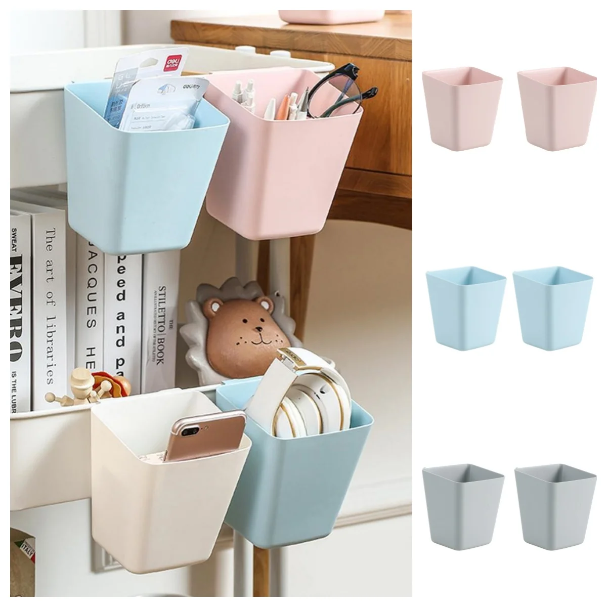 Cubo colgante para pared, accesorios para carrito rodante, soportes para bolígrafos, contenedores de almacenamiento, cubos colgantes para oficina, 2 uds.