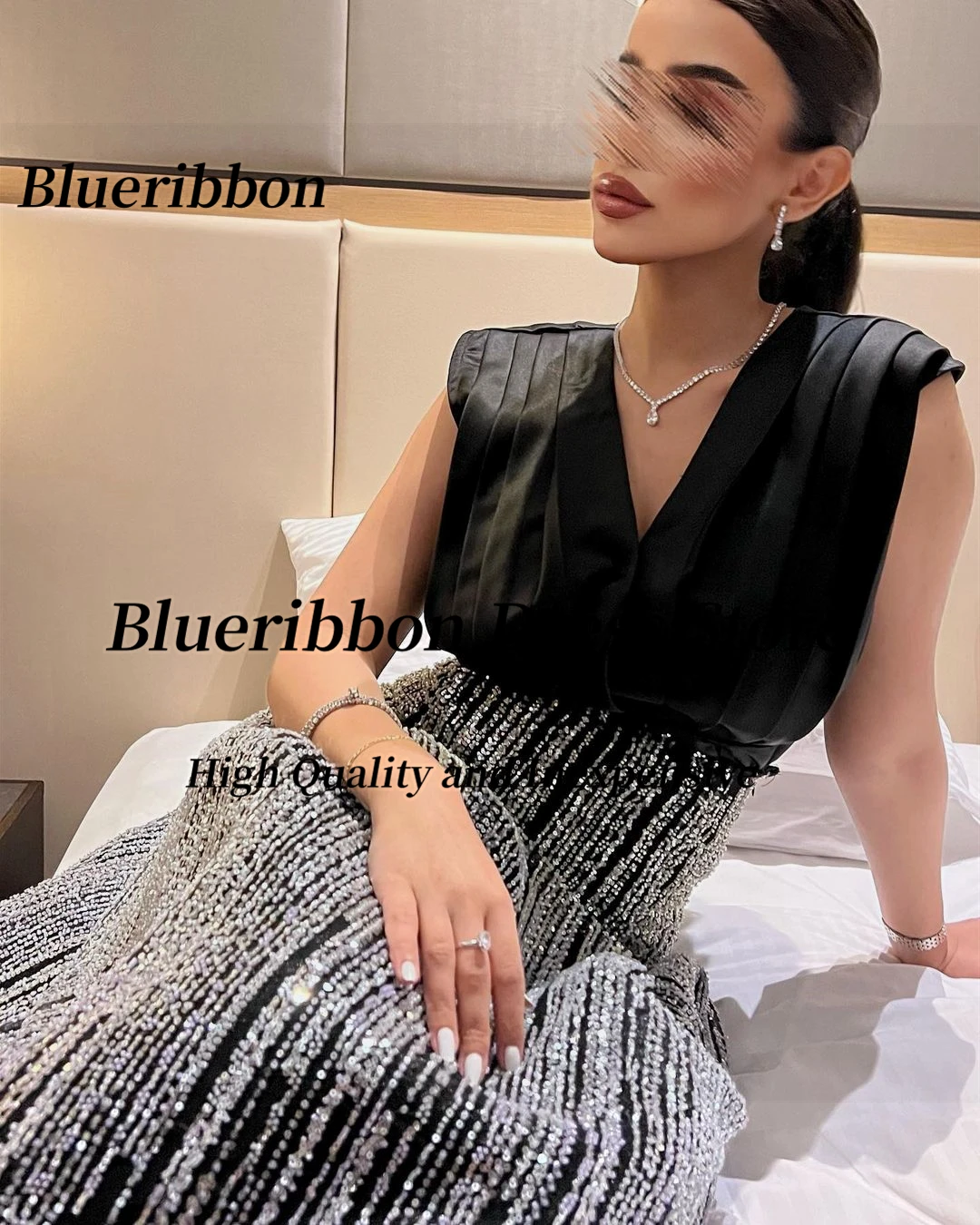 Blueribbon تألق خط طويل فساتين لحضور الحفلات الموسيقية Ruched الخامس الرقبة حفلة عيد ميلاد السيدات ارتداء مخصص فساتين السهرة الرسمية مأدبة