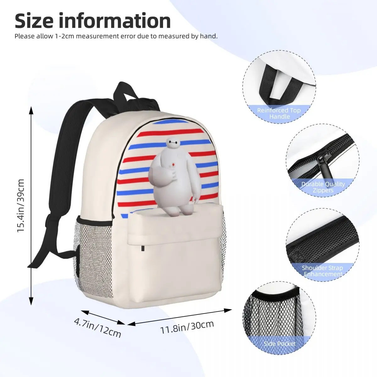 Big Hero Impresso Lightweight Casual Schoolbag, escola, ao ar livre, compras, escritório, 15"