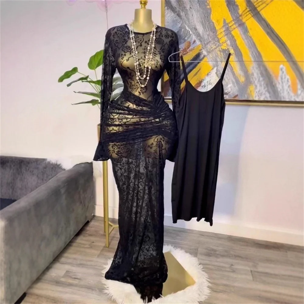 Vrouwen sexy lange mouw mesh doorzichtige gedrukte bodycon maxi-jurk elegante avond verjaardag sexy party cocktailjurken vestido