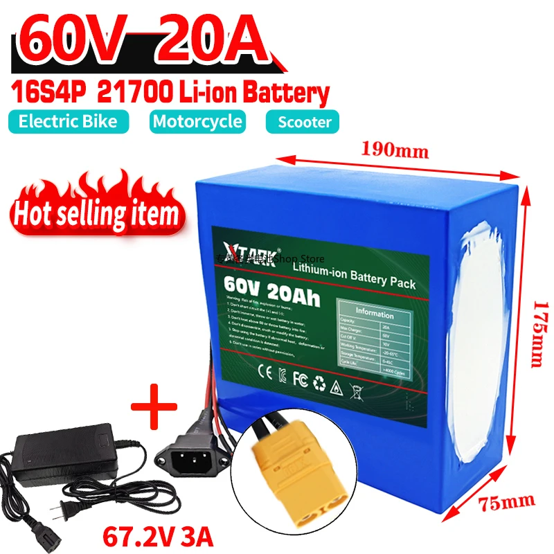 

60V 20A Electric Bike 21700 Battery For Scooter Motorcycle 67.2V 16S4P 3000W XT90 Rechargeable Battery With Same Port BMS+Charge