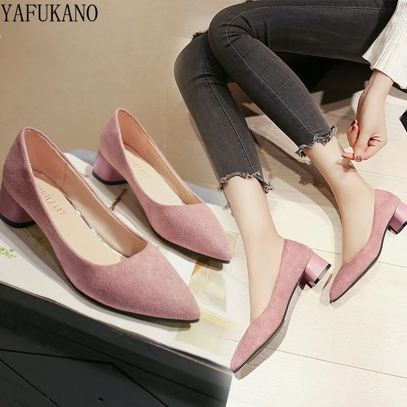 New 3CM Women Low High Heels Ladies Pointed Toe Heeled Shoes Flock Fashion Pumps for Woman Office Shoe Pink Yellow Slip on Pump