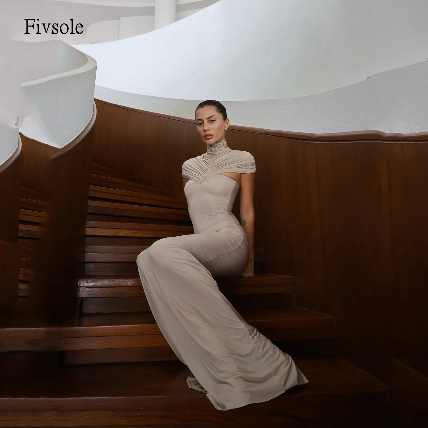 

Fivsole Sexy Satin High Neck Straight Prom Gowns Short Sleeves Party Gown Floor Length Midi Evening Dress Customized