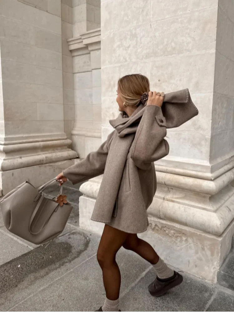 Chaqueta de mezcla de lana con cuello de bufanda de color caqui para mujer, abrigos cortos elegantes de manga larga con una botonadura, prendas de vestir exteriores para mujer 2024