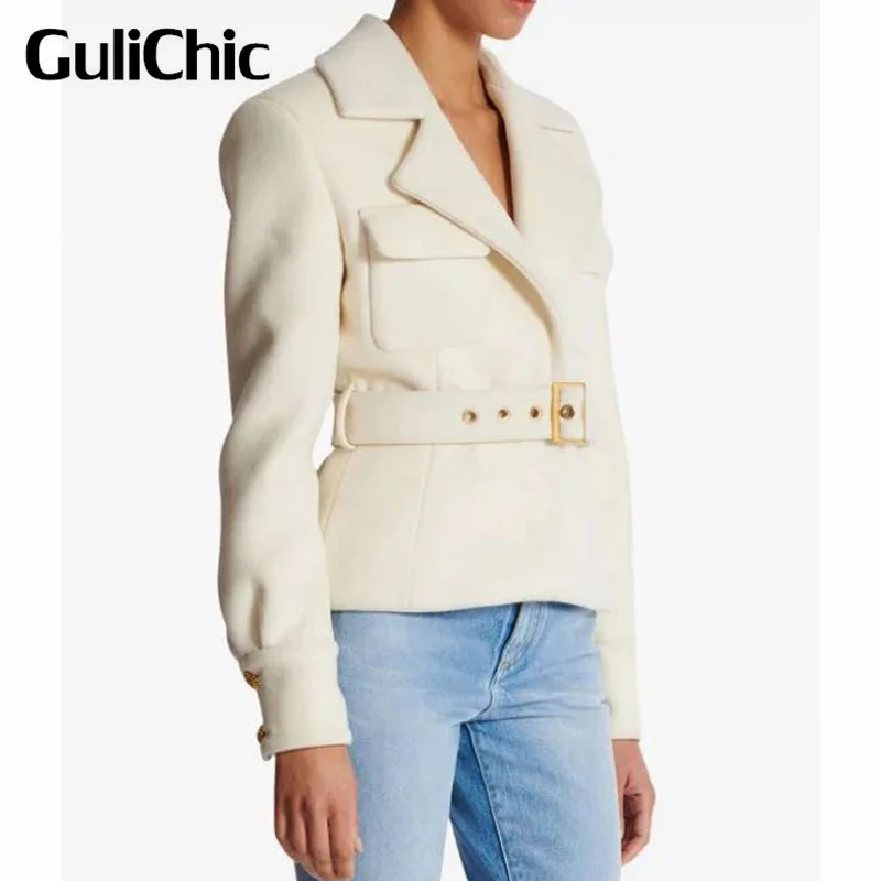 8.16 GuliChic Women Elegant Temperament Lapel Pocket Woolen Coat Fashion Single Button With Belt Collect Waist Slim Jacket