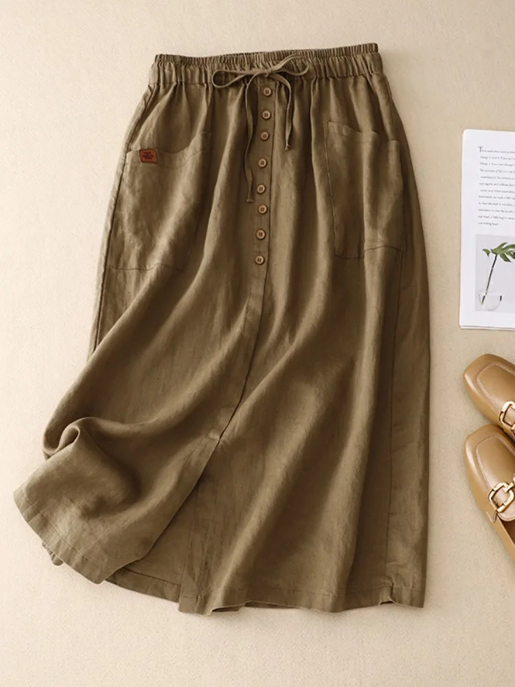 

Юбка женская летняя из хлопка и льна с высокой талией, в стиле ретро, свободного кроя, миди, повседневная, универсальная, А-силуэт, с поясом