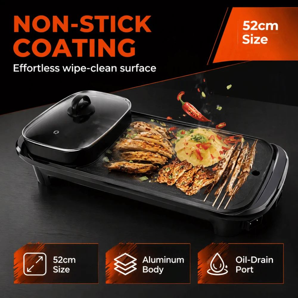Diameter 52cm 2 in 1 Electric Hot Pot and Grill MAX Power 1300W Suitable for 4 To 5 People Multifunctional Electric BBQ Griddle